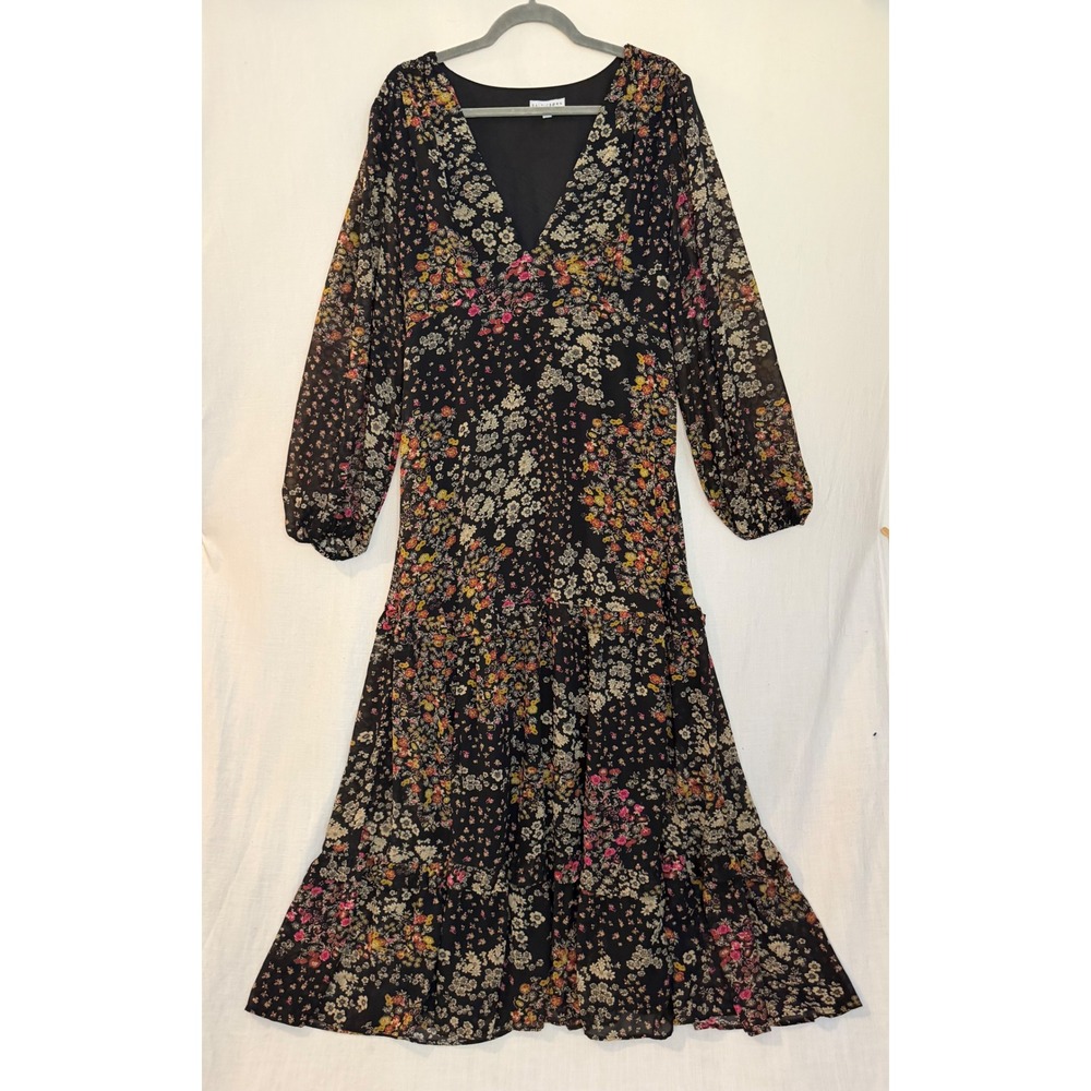 Baltic Born Floral Maxi Dress XL Black Multi V-Neck Long Sleeve Tiered Chiffon